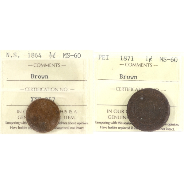 Nova Scotia 1/2-cent 1864 & PEI 1-cent 1871 ICCS MS60 Brown. 2pcs