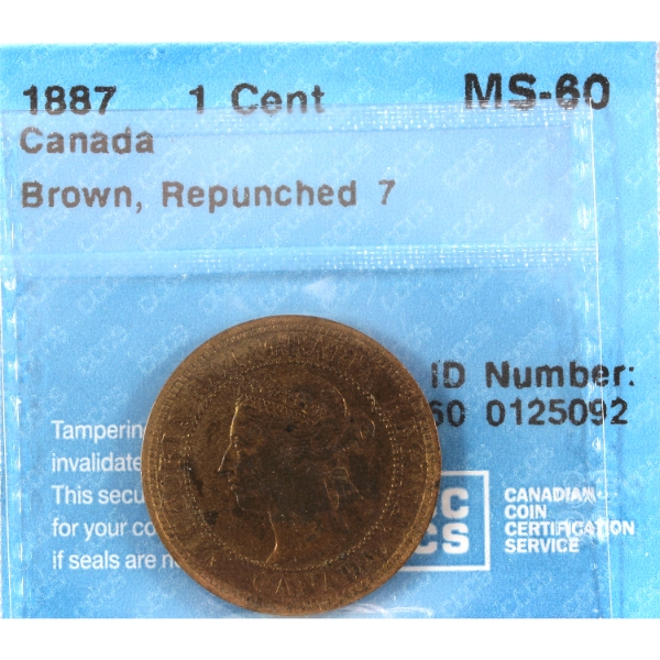 1-cent 1887 Repunched 7 CCCS MS60 Brown