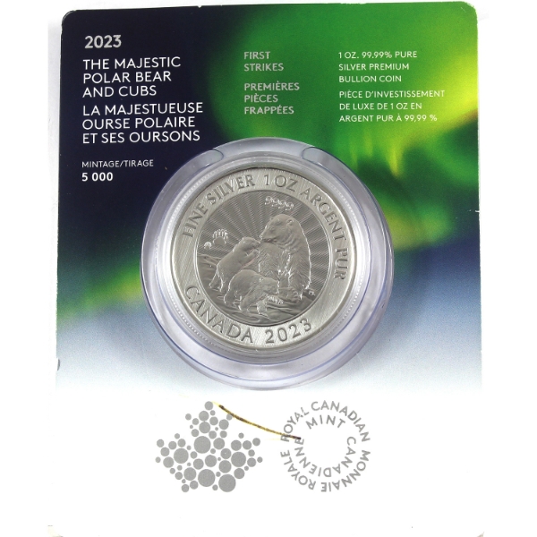 1oz 2023 $5 The Majestic Polar Bear & Cubs .9999 Fine Silver Round (Tax Exempt)