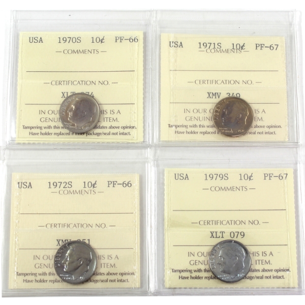 4x USA 1970S PF66, 1971S PF67, 1972S PF66, & 1979S PF67 Roosevelt Dimes ICCS. 4pcs.