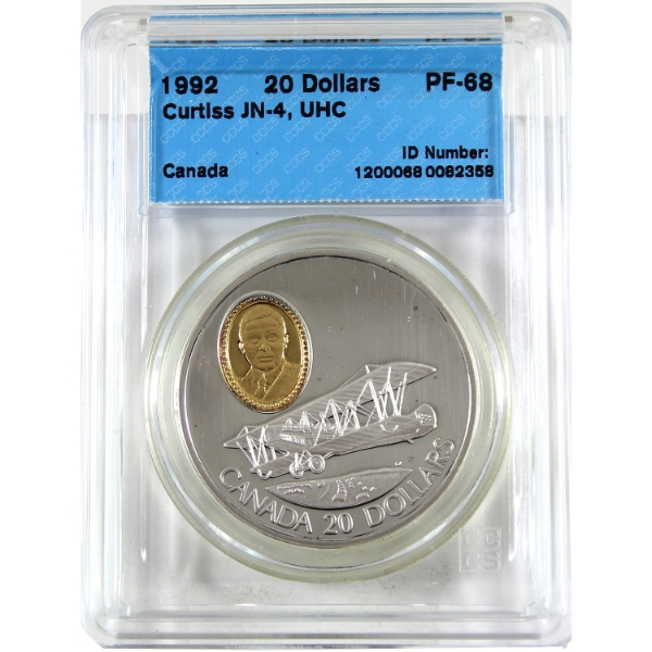 1992 $20 Aviation #1 Powered Flight - The First 50 Years: Curtiss JN-4 Sterling Coin CCCS PF68