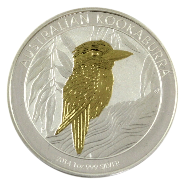 1oz Australia 2014 $1 Kookaburra .999 Fine Silver w/ Gold Plating (Tax Exempt)