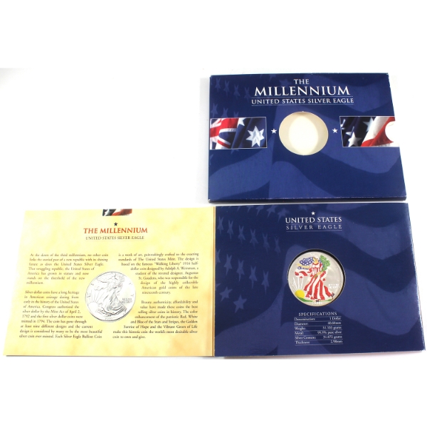 USA Silver 2000 $1 Colourized Silver Eagle 1oz .999 Fine Silver Coin in Card (Tax Exempt)