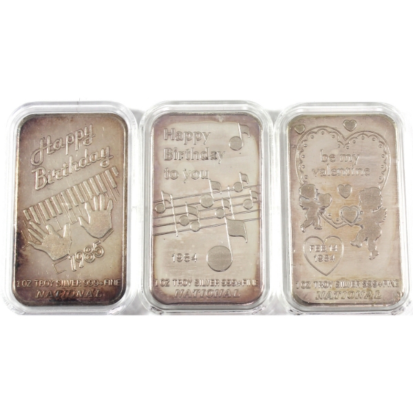 3x 1oz National Refiners 1984-1985 Celebration .999+ Silver Art Bars. 3pcs. (Tax Exempt)