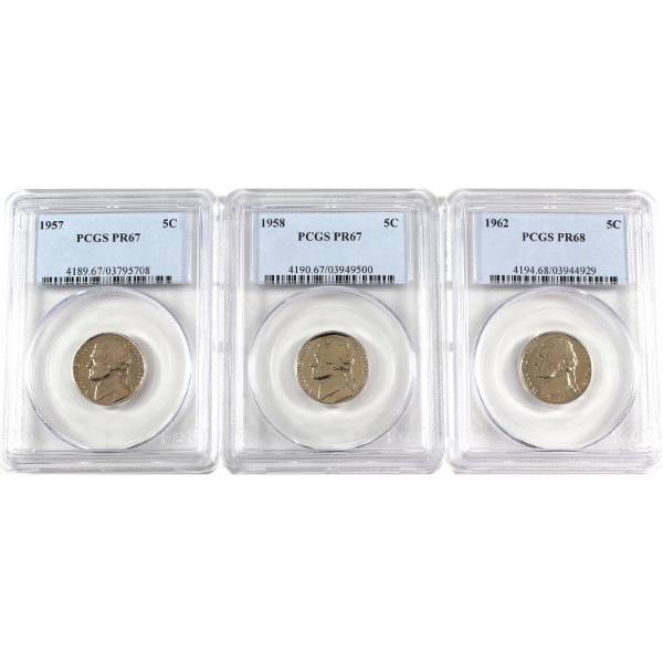 USA Jefferson Nickels 1957 & 1958 PR67, & 1962 PR68 PCGS Graded. 3pcs.
