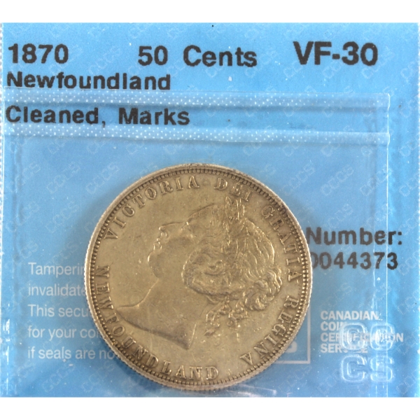 Newfoundland 50-cent 1870 CCCS VF30 (Cleaned, Marks)