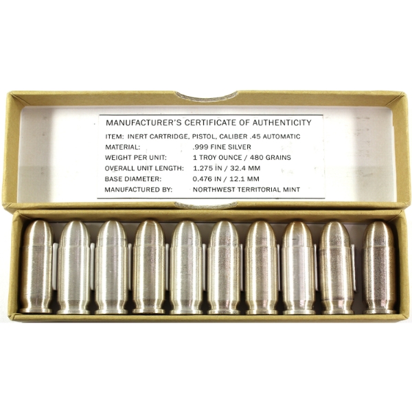 Pack of 10x 1oz Northwest Territorial Mint .45 Caliber .999 Fine Silver Bullet Replicas (Tax Exempt)
