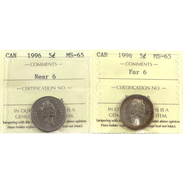 5-cent 1996 Near 6 & Far 6 ICCS MS65. 2pcs