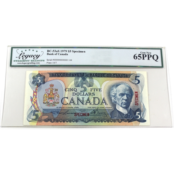 BC-53aS 1979 $5 Specimen Legacy GEM UNC65 PPQ Lawson-Bouey SN: 00000000000 144