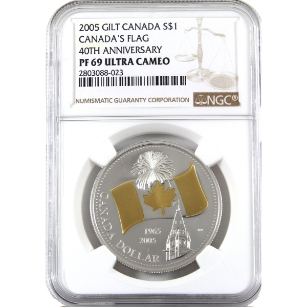 2005 $1 Canada's Flag 40th Anniversary .9999 Fine Silver Coin NGC PF69 (Tax Exempt)