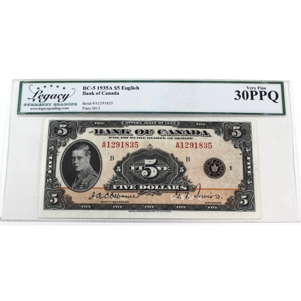 BC-5 1935A $5 English Legacy VF30 PPQ Osborne-Towers SN:A1291835 Check Letter B