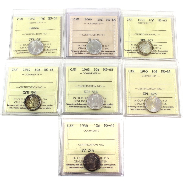 10-cent 1959-1966 ICCS MS65. 7pcs.