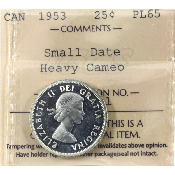 25-cent 1953 Small Date ICCS PL65 Heavy Cameo