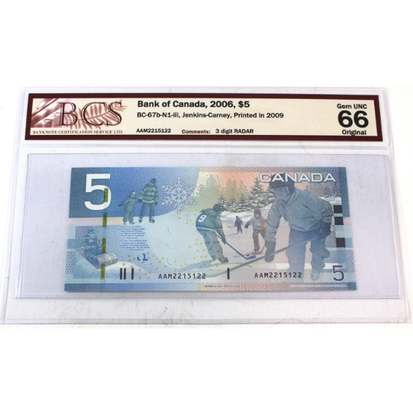 RADAR BC-67b-N1-iii 2006 $5 3 Digit RADAR BCS GEM UNC66 Original Jenkins-Carney SN: AAM2215122 
