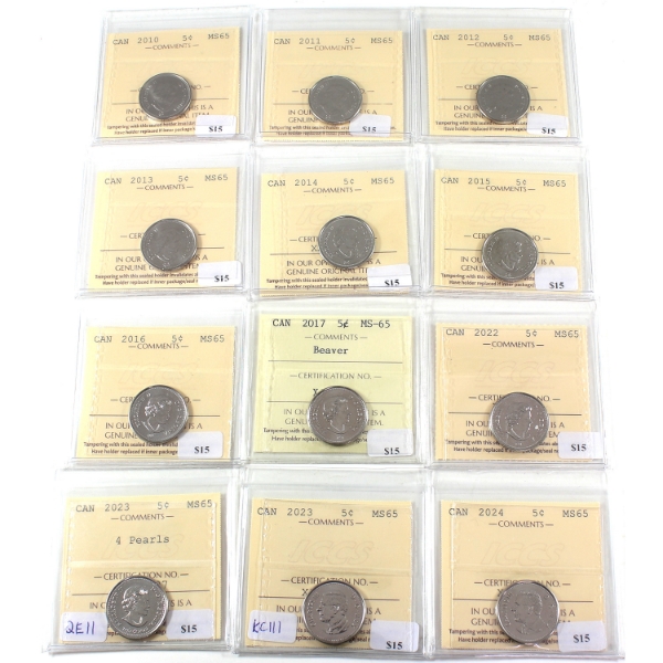 5-cent 2010-2024 Bulk Collection of Nickels. ICCS MS65. 12pcs.