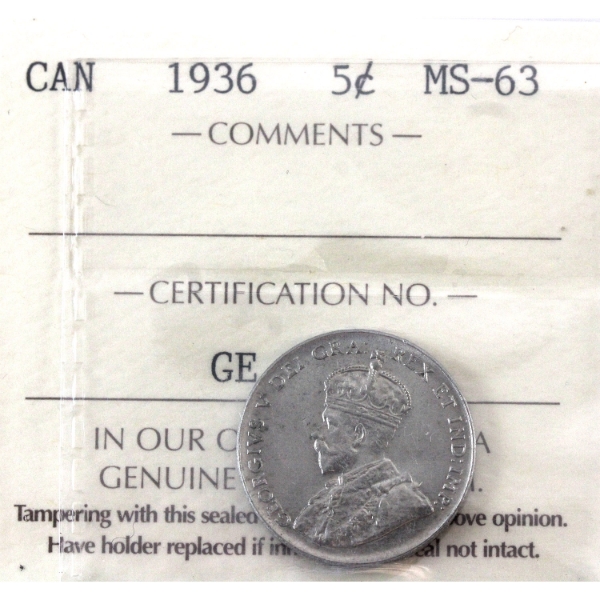 5-cent 1936 ICCS MS63 