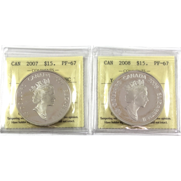 2007 Lunar Year of the Pig & 2008 Year of the Rat $15 Sterling Silver Coins ICCS PF67 UHC. 2pcs.