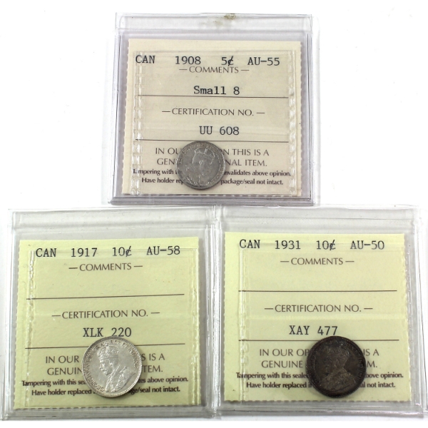 5-cent 1908 Small 8 AU55 & 10-cent 1917 AU58 & 1931 AU50 ICCS. 3pcs