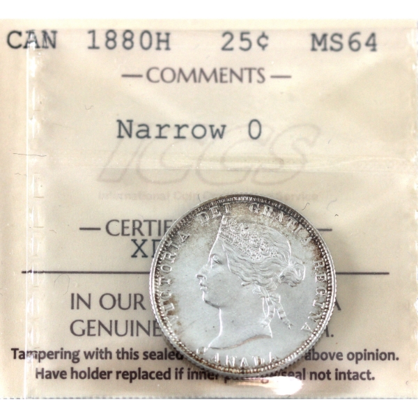 25-cent 1880H Narrow 0 ICCS MS64. Scarce in Higher Mint State Grades