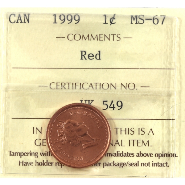 1-cent 1999 ICCS MS67 Red