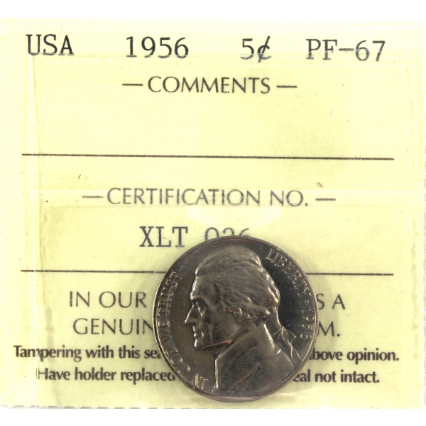 USA 1956 Jefferson Nickel ICCS PF67