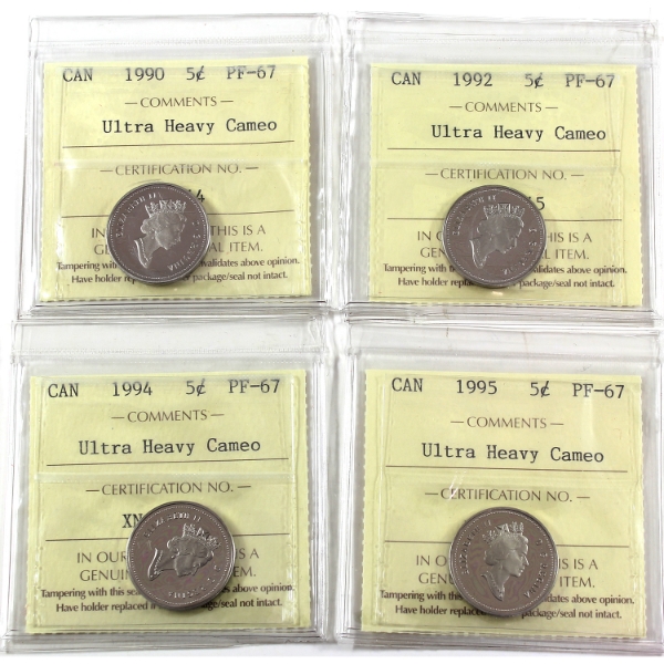 5-cent 1990-1995 ICCS PF67 UHC. 4pcs.