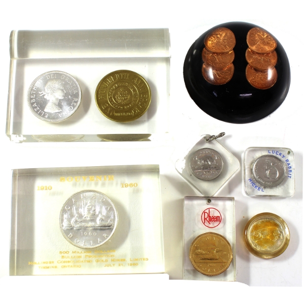 Lot of 7 Lucite Acrylic w/ Various Enclosed Canadian Coins and 1 Token. 7pcs
