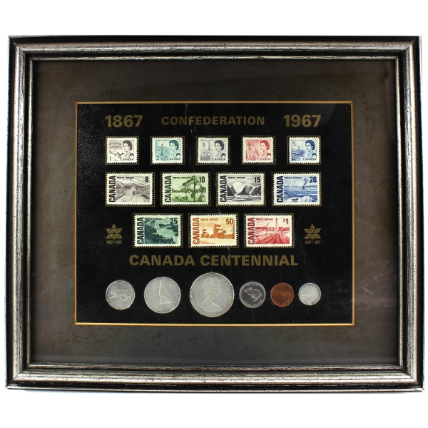 1867-1967 Canada Centennial Coin & Stamp Collection in Wooden Frame
