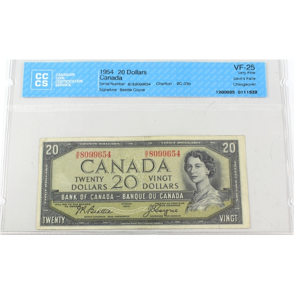 BC-33b 1954 $20 Devil's Face CCCS VF25 Beattie-Coyne Changeover SN: B/E8099654