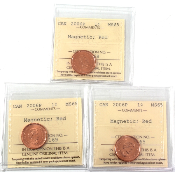 3x 1-cent 2006P Magnetic ICCS MS65 Red. 3pcs