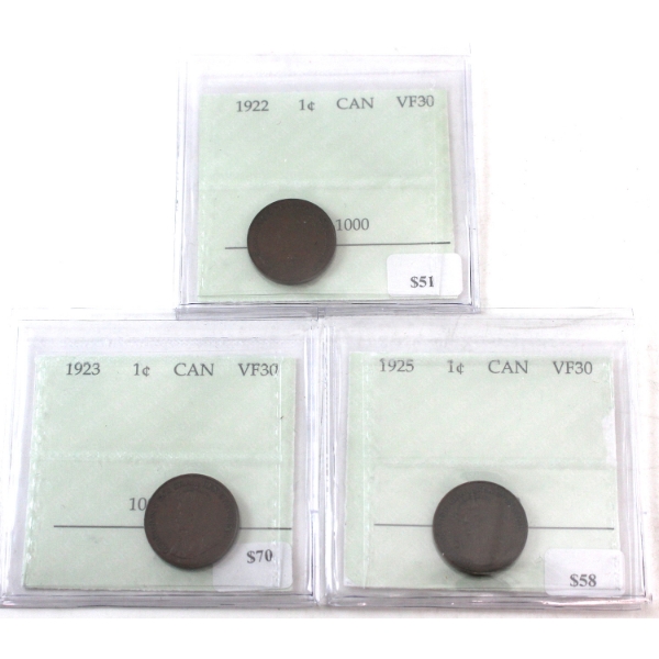 1-cent 1922, 1923 & 1925 Prestige Certified VF30. 3pcs