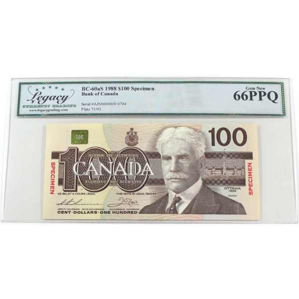 BC-60aS 1988 $100 Specimen Legacy GEM UNC66 PPQ Thiessen-Crow SN: AJN0000000 0704