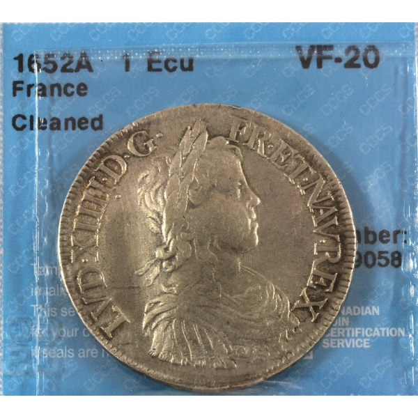 France Silver 1652A 1 Ecu CCCS VF20 (Cleaned)