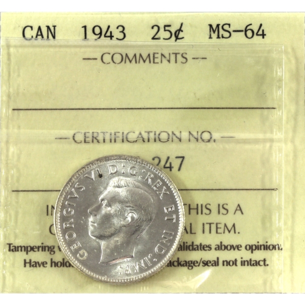 25-cent 1943 ICCS MS64