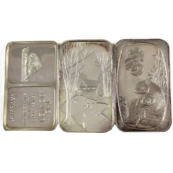 3x 1oz Assorted Refiners Vintage .999 Silver Art Bars. 3pcs. (Tax Exempt)