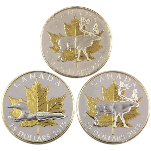 Group Lot of 2018 $25 Timeless Icons 1oz .9999 Fine Silver Piedforts w/ Selective Gold Plating. 3pcs