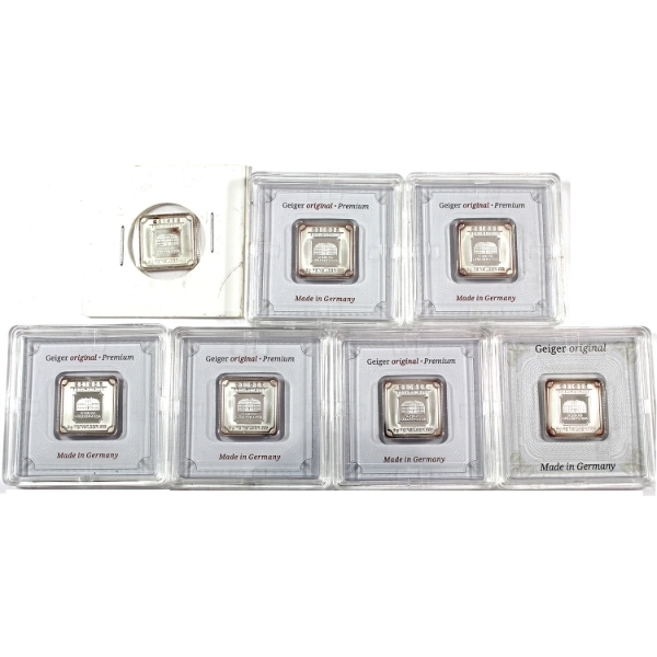 7x 5g Geiger Edelmetalle .999 Fine Silver Square Bars. 7pcs. (Tax Exempt)