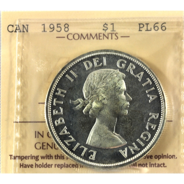 Silver $1 1958 ICCS PL66 Cameo