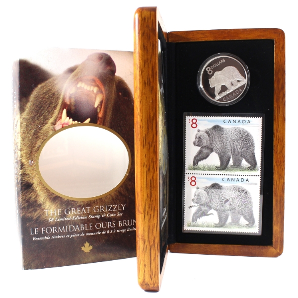 2004 $8 The Great Grizzly Fine Silver Coin & Stamp Set (Tax Exempt)