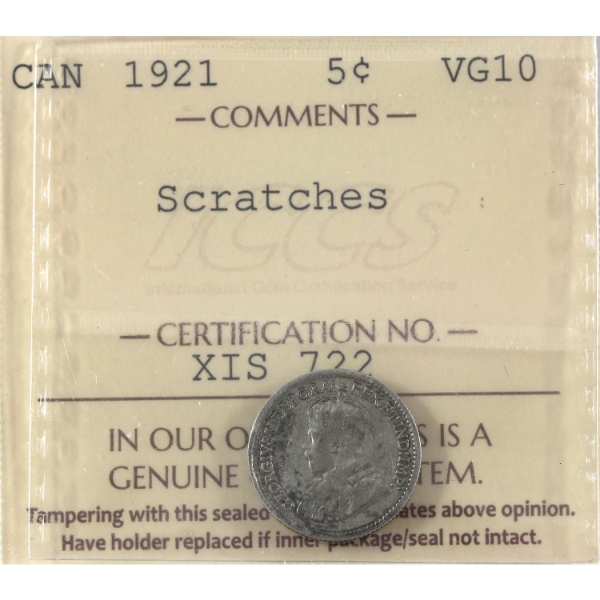 5-cent 1921 ICCS VG10 *Ultra Rare!* (Scratches)