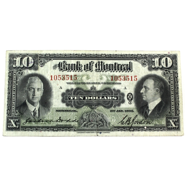 505-60-04 1935 $10 Bank of Montreal VF Dodds-Gordon SN: 1053515 Check Letter A