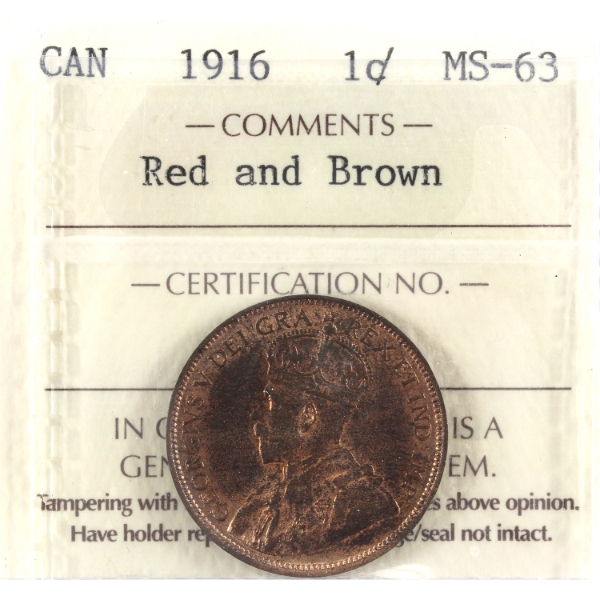 1-cent 1916 ICCS MS63 Red & Brown