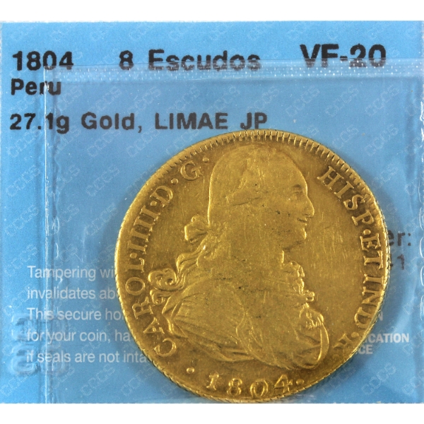 Peru Gold 1804 Limae JP 8 Escudos CCCS VF20