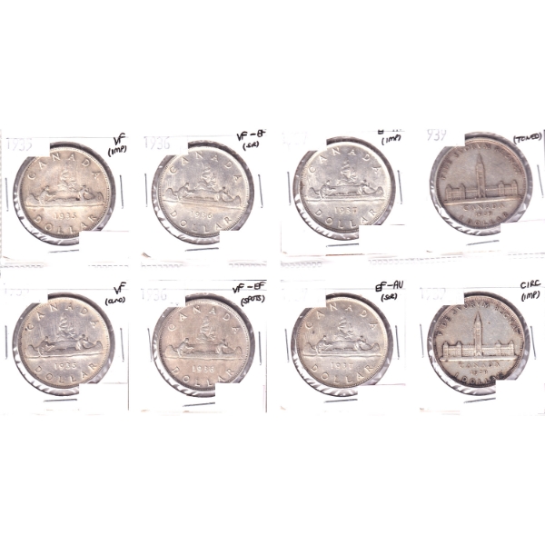 Silver $1 1935, 1936, 1937 & 1939 Bulk Collection in 2x 4-Pocket Sheets Circ to EF-AU. 8pcs