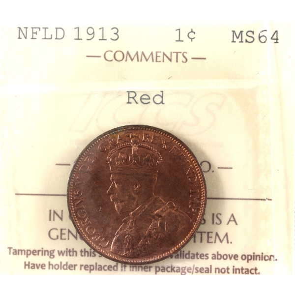 Newfoundland 1-cent 1913 ICCS MS64 Red