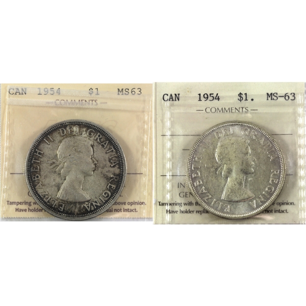 Silver $1 1954 FWL & SWL ICCS MS63. 2pcs.