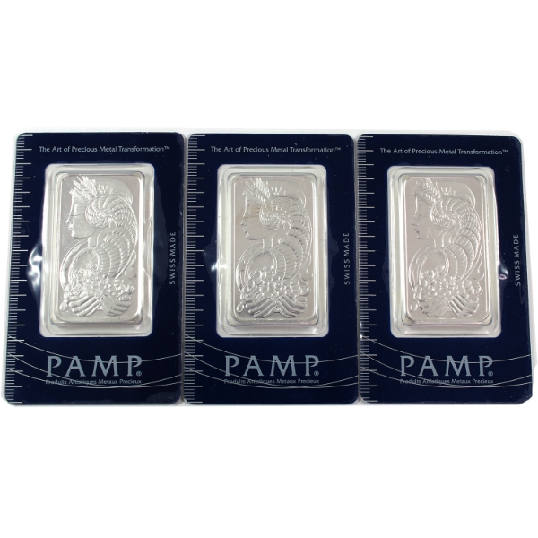 3x 1oz PAMP Suisse Lady Fortuna .999 Fine Silver Bars w/ Consecutive Serial Numbers. 3pcs
