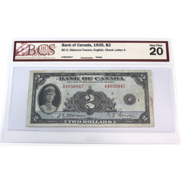 BC-3 1935 $2 BCS VF20 Osborne-Towers English SN: A4850947 ppA