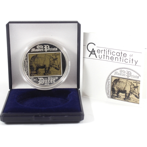 Cook Islands Silver 2013 $5 Albrecht Durer Rhinoceros Old Master Prints w/ Etched Copper Inlay