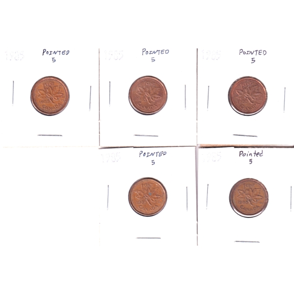 5x 1-cent 1985 Pointed 5 Ungraded. 5pcs.